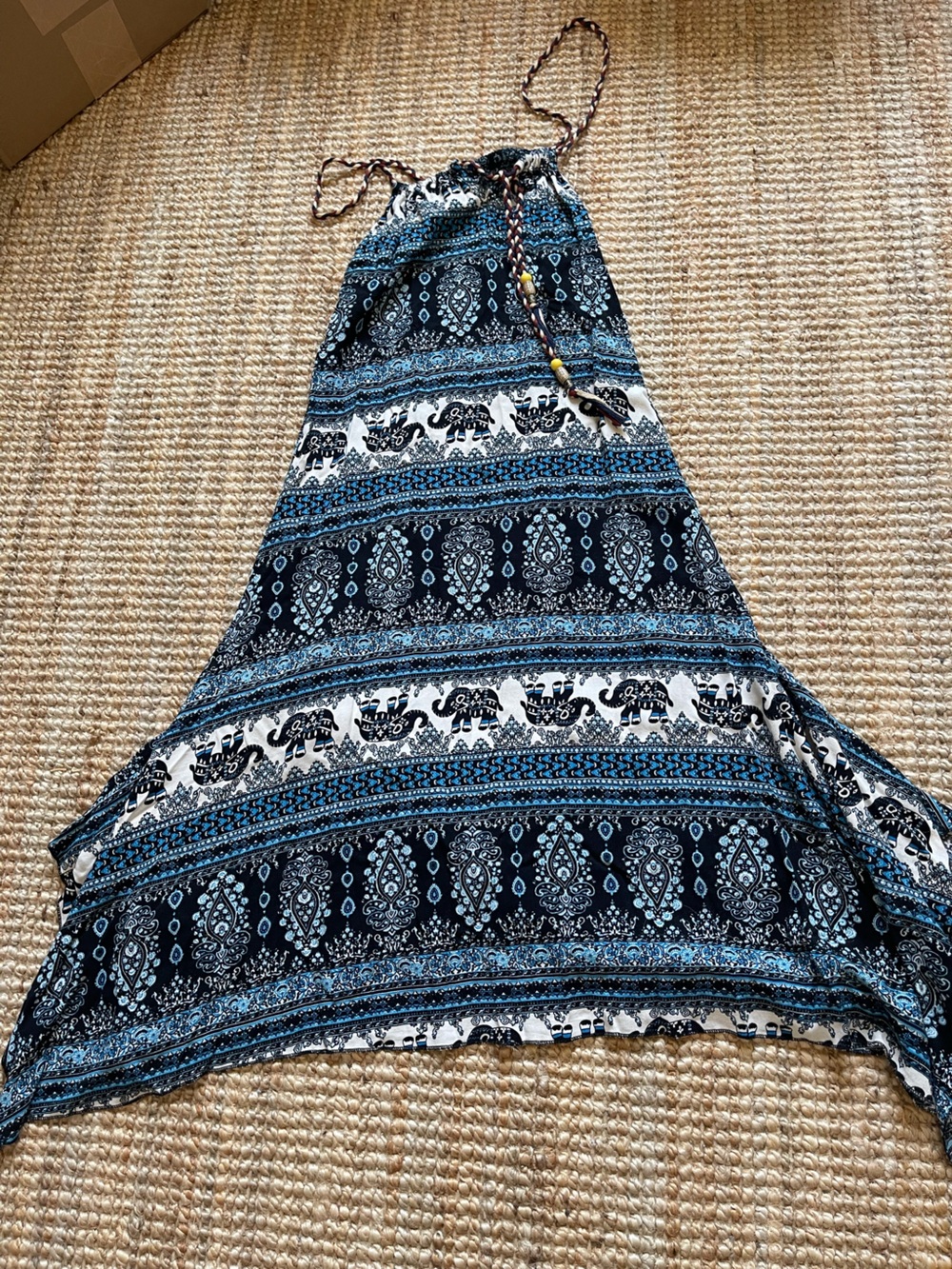 Bohemian Blue Elephant Print 2Strap Dress. M/L Tie Front travel Maternity Aline